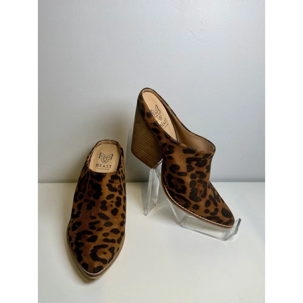 Beast Fashion Leopard Print Mule Booties Block Heel Women's Size 8
